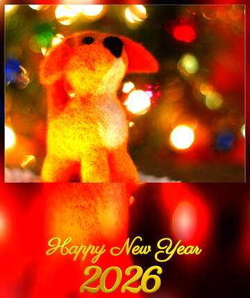 FX №148447 Happy new year 2026 puppy mongrel dog. Fancy greetings background. Copyspace congratulations.
